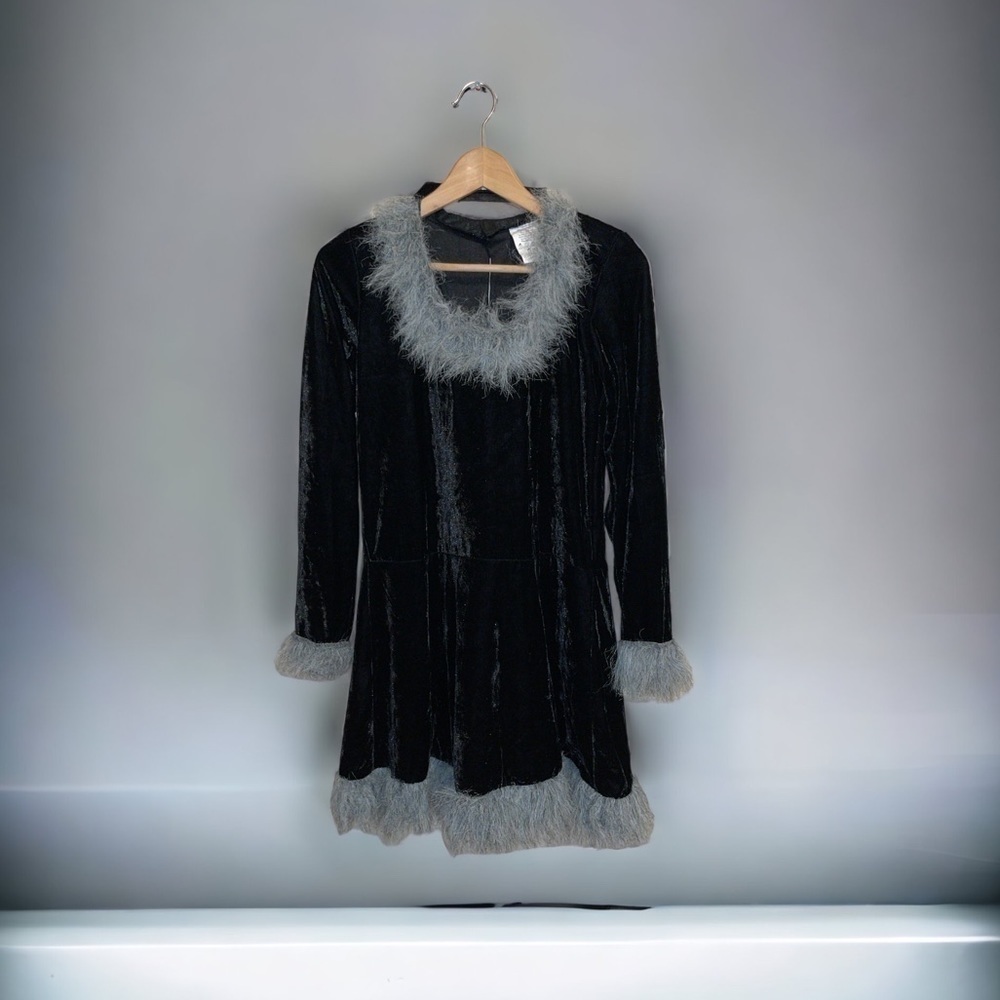90s Black Cat Velvet Velour Quarter Sleeve Mini Dress Costume Plus Tail Size M/L - Picture 1 of 6